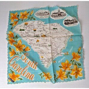 Vintage Handkerchief 1950’s South Carolina scalloped edge souvenir 13” Sq